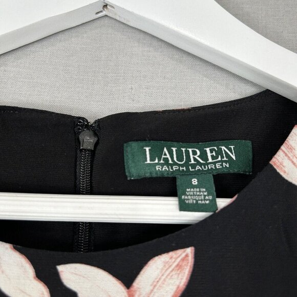 Lauren Ralph Lauren Womens Dress 8 Black Floral Midi Jersey Knot Mock Wrap Work - Picture 5 of 15